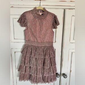 Zunie Girls Flutter Sleeve Metallic Plissé Dress Size 7 Father Daughter Dance